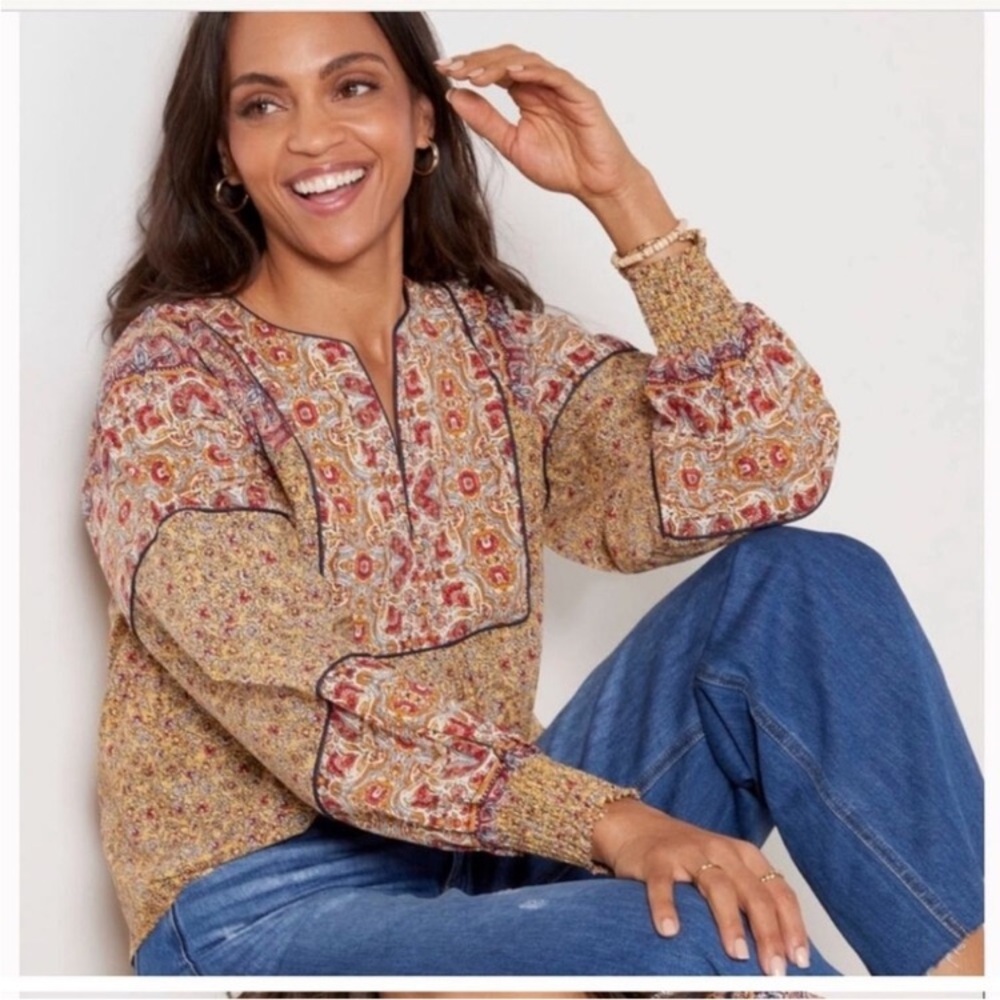 EVEREVE Eva Mix Floral Popover Blouse Ornate Yellow Red Size Medium I29